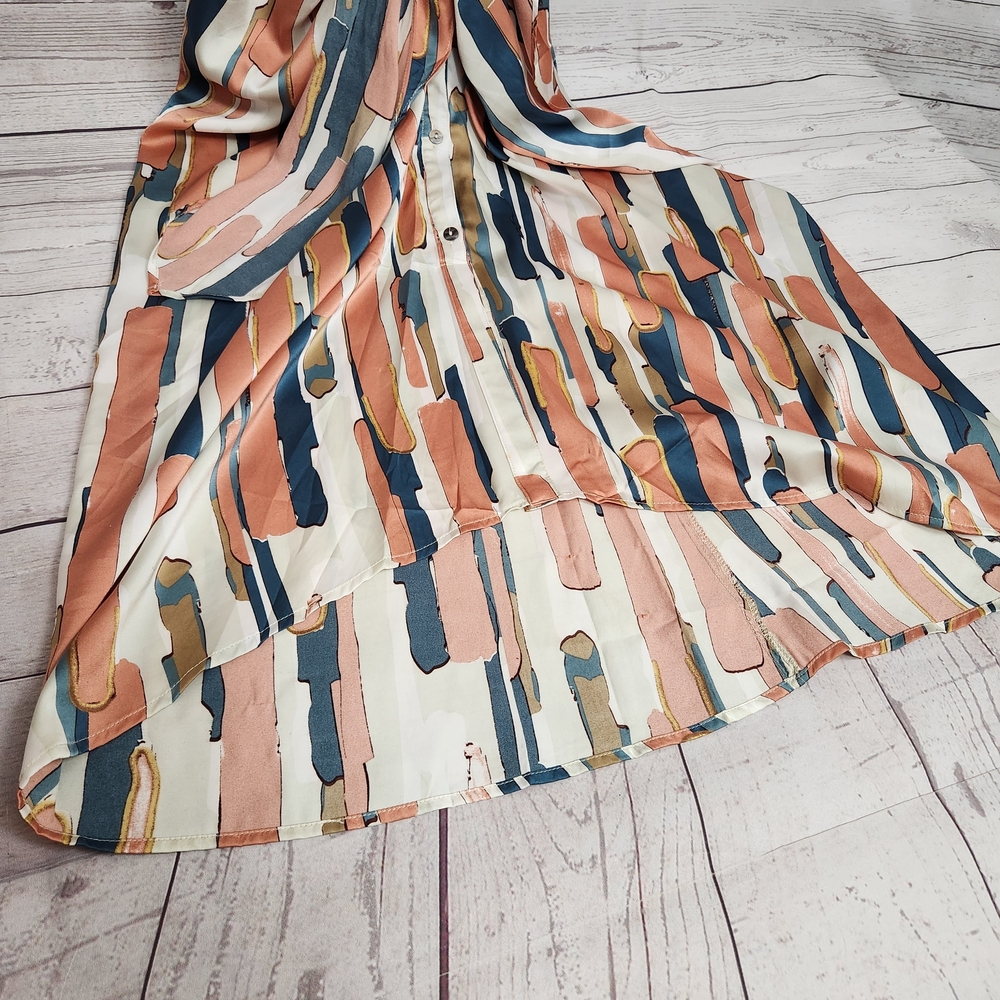 entro Abstract Stripe Tie-Waist Midi Dress in Peach, Navy & Cream - Picture 4 of 4